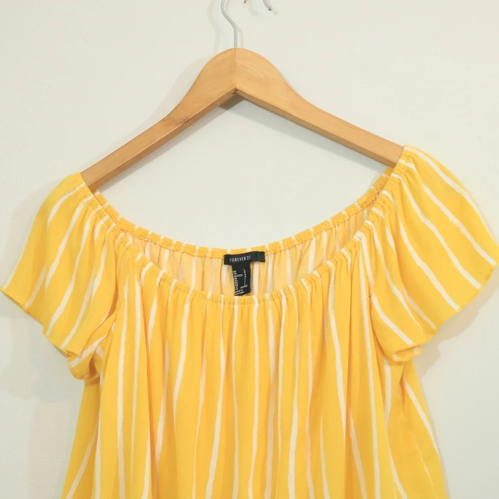 Forever 21 Yellow Striped Gauzy Off Shoulder Crop Top - Picture 2 of 7